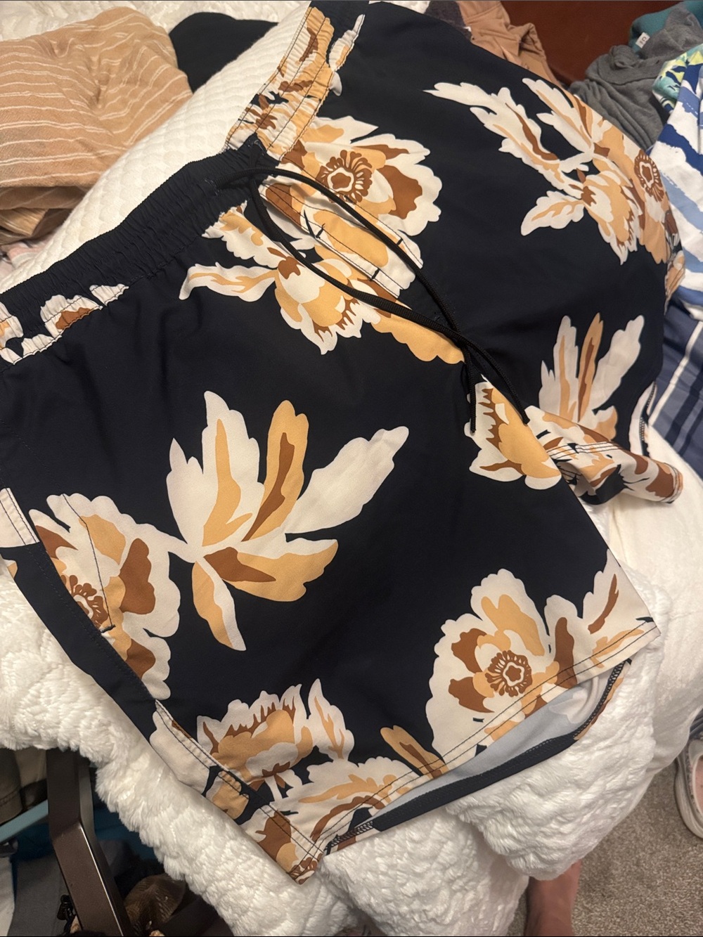 Volcom Navy Floral Swim Trunks with Cream and Tan Blooms